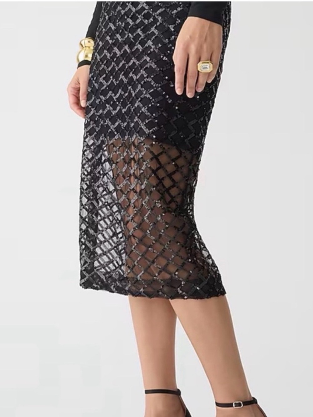 J. Crew Black Sheer Sequined Midi Skirt